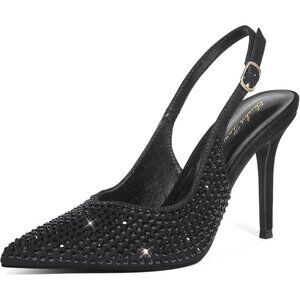 Women's Black Rhinestone Stilettos Pointed Toe Closed Elegant Stylish Pump Heel